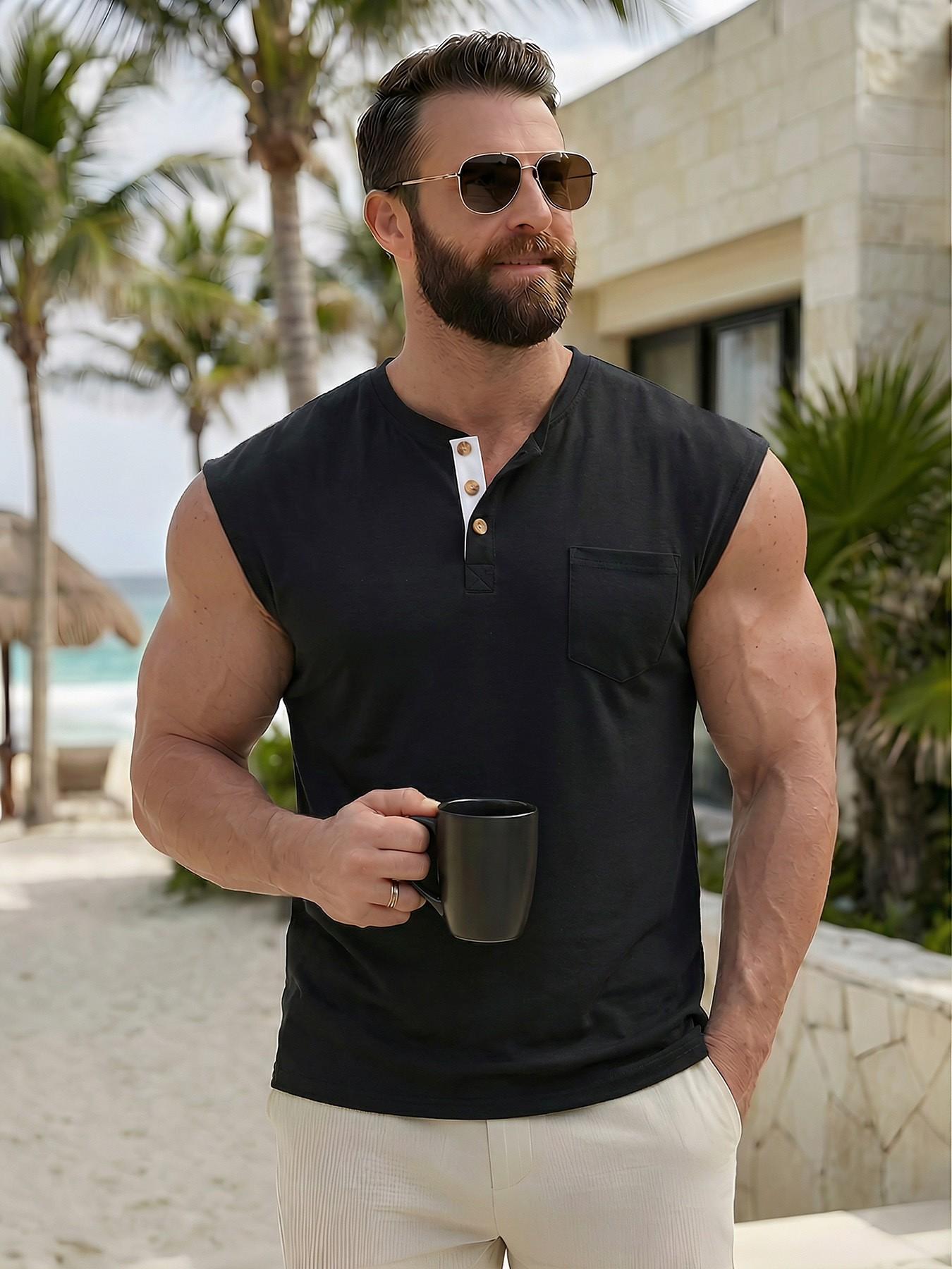 Men's Sleeveless Henley Knit Tank Top, Pocketed Casual Button Decor Muscle Shirt, Summer Beach Sports Vest, Comfortable and Stylish