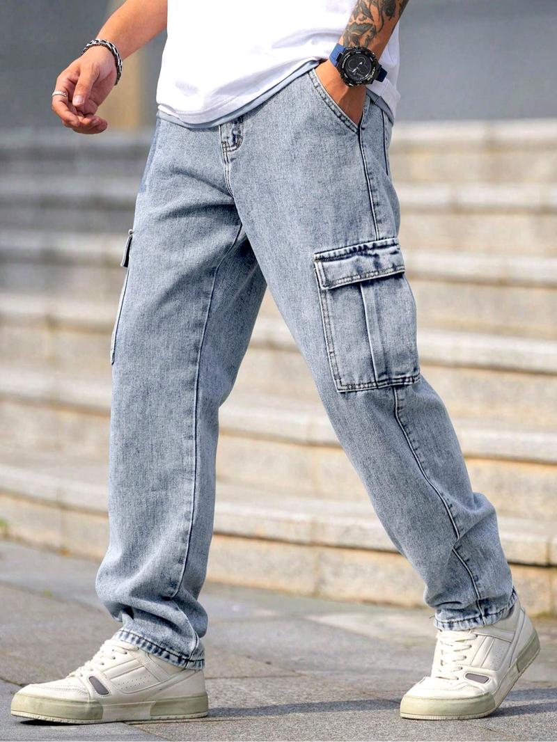 Men's Solid Color Washed Straight Leg Cargo Jeans, Loose Casual Comfy Flap Pocket & Slant Pocket Design Denim Trousers for Daily Wear, Fashion Men's Bottoms for All Seasons, Cotton, Relaxed Fit Jeans, Baggy Jeans, Pants