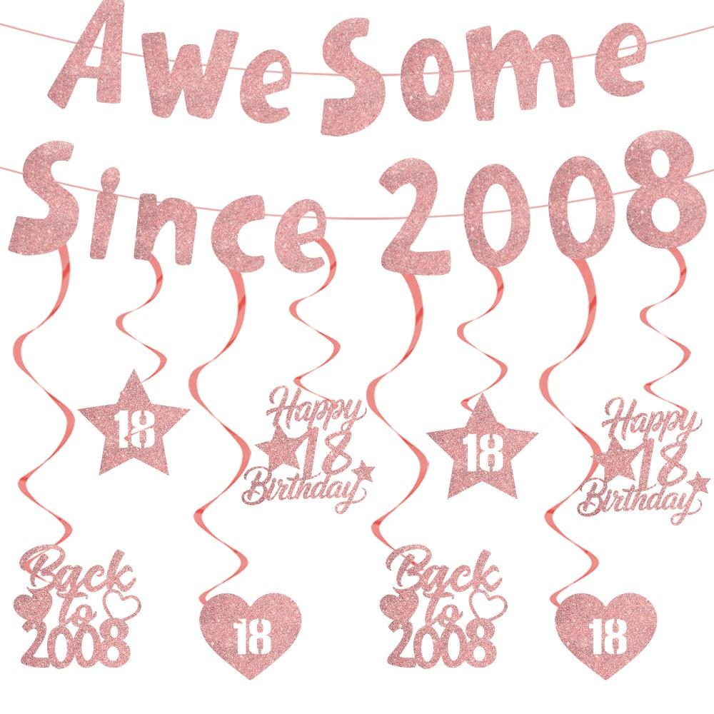 Happy 18 Year Old Birthday Decorations, Rose Banner with Hanging Swirls, Funny 18th Birthday Anniversary Party Supplies