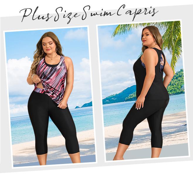 Yonique Three Piece Plus Size Swimsuits for Women Tankini Tops with Sports Bra and Swim Capris Athletic Bathing Suits
