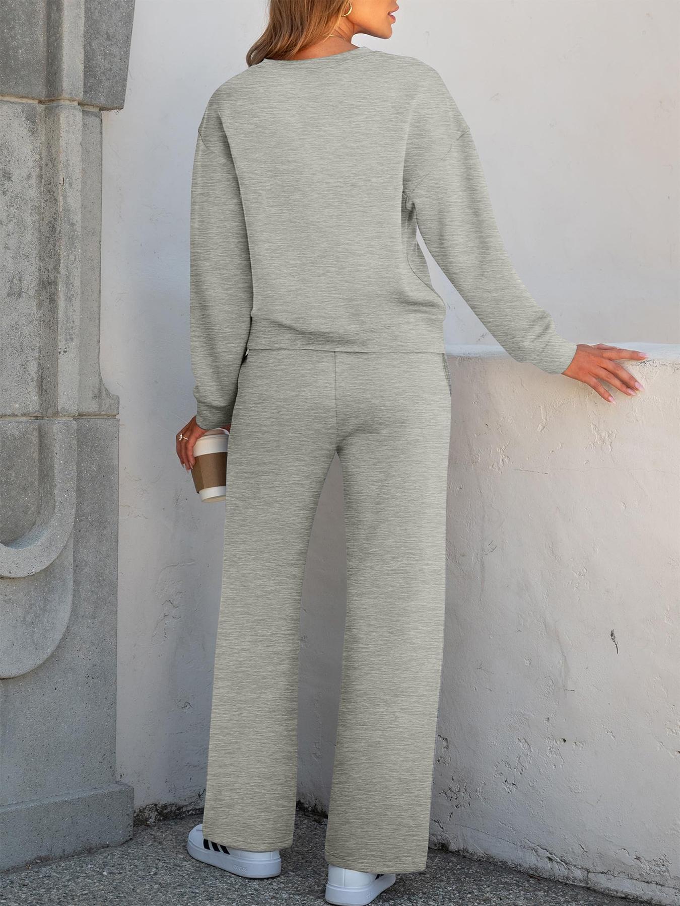 2-Piece Women's Casual Long Sleeve Pocket Sportswear Set, Stylish Comfortable Wide Leg Athletic Set for All Seasons