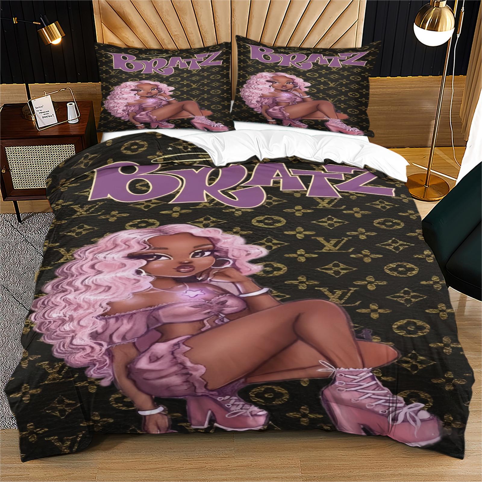 Bratz Pattern Printed Soft Durable Bedding Set, Includes 1 Fitted Sheet and 1 or 2 Pillowcases, Excluding The Core And Pillow Core, Modern Style Bedroom Decor Gift