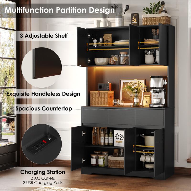 FOTOSOK 71" Modern Black Kitchen Pantry Cabinet with 6 Doors, 3 Drawers, LED Lights, Power Outlets, USB Ports, 39.4" Wx 15.2" Dx 70.9" H