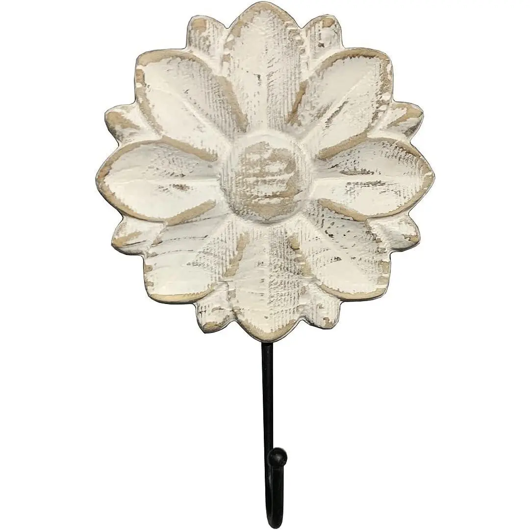 Decorative Boho Flower Towel Hooks, White Distressed Wood Hanging Hooks, Farmhouse Boho Coat Rack Hooks for Hanging Things, Towels, Purse