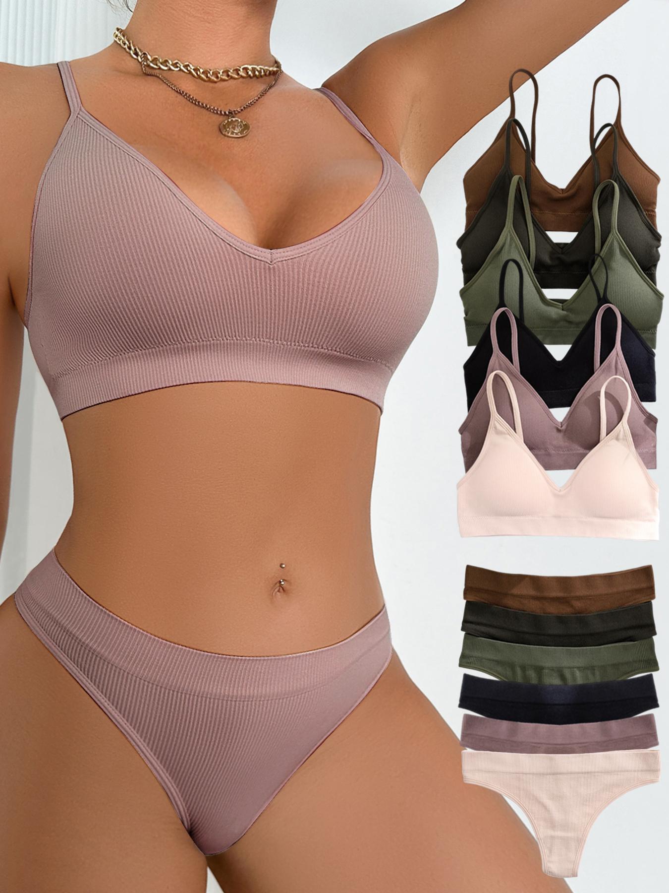 Women's Solid Wireless Bra & Panty Set, Comfy Breathable Replaceable Chest Pads Bra & Panty Set, Softness Underwear Set for Women, Casual Soft Panties