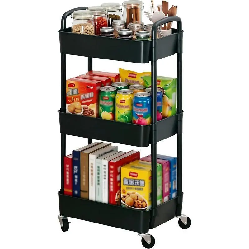 3-Tier Plastic Rolling Utility Cart with Lockable 360 Wheels, Black Storage Organizer for Kitchen Bathroom Living Room and Study Easy Setup,toilet