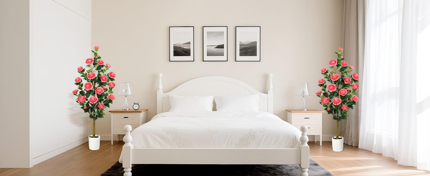 2025 2 Pack 3/4 Ft Artificial Camellia Trees with 16 White Flowers and Pots, Ideal Christmas Gifts for Home, Porch, Office or Outdoor Decor