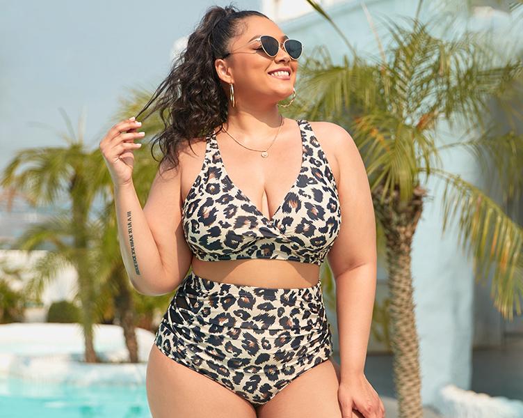 Yonique Women's Two Piece Plus Size Bikini Set, V Neck Top & Full Coverage High Waisted Bikini Bottom, Tummy Control Swimwear for Beach Swimming Holiday Vacation