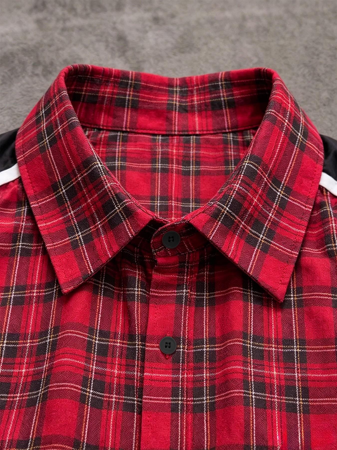 Racing Core Vintage Men's Plaid Short Sleeve Shirt and Shorts Set Red Tartan Color Block Stripe Tracksuit Outfits with Fearless Embroidery for Summer Streetwear Festival