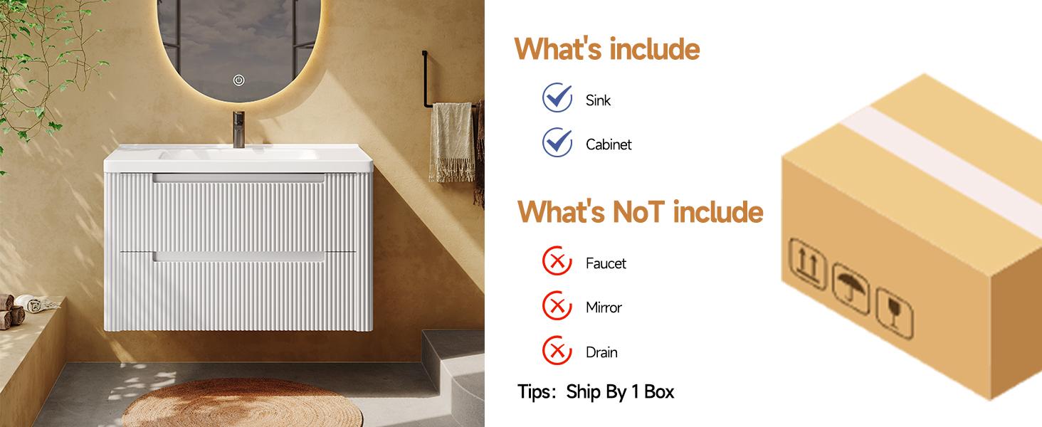 【SPOTLIGHT DAY】ONBRILL Modern Bathroom Vanity with Sink Combo, Curved Floating Bath Vanity with 2 Soft Close Drawer, Wall Mount Bathroom Vanities with Integrated Ceramic Sink for Small Space, Apartment