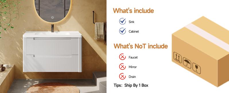 【Valentine's Day gift】ONBRILL Modern Bathroom Vanity with Sink Combo, Curved Floating Bath Vanity with 2 Soft Close Drawer, Wall Mount Bathroom Vanities with Integrated Ceramic Sink for Small Space, Apartment