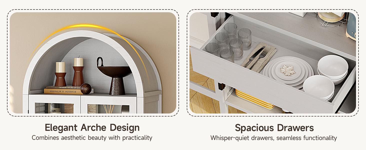 【SPOTLIGHT DAY】ONBRILL 71" Tall Arched Cabinet, 5-Tier Arched Kitchen Pantry with Glass Doors & Drawer, Modern Display Pantry Cabinets with Adjustable Feet, Wooden Pantry for Kitchen, Living & Dining Room, White