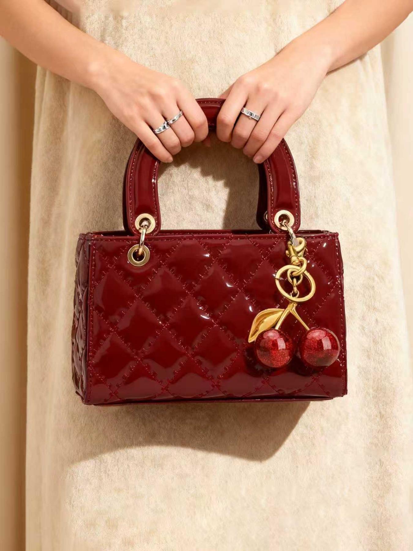Fashion Cherry Pendant PU Handbag, Women's Small Square Bag, New Quilted Shoulder Bag, Versatile Crossbody Bag, Elegant Handbag