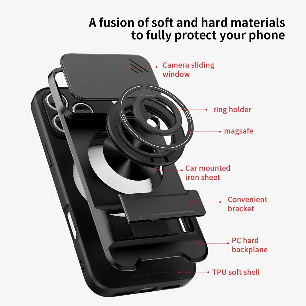 Phone Case: 3pcs Set[1 Phone Case+2 Screen Protectors] Luxury Multi-Functional Creative Push Window Rotating Ring Stand Phone Case Compatible with iPhone 17 16 15 14 13 12 11 Pro Max Plus Durable Fashion Magnetic Wireless Charging Shockproof Lens