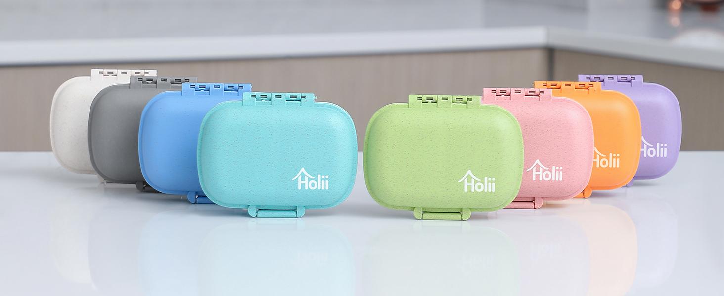 Holii Plastic-Shell Pill Organizer, 8-Compartment Portable Unisex Pill Case for Travel/Office, Daily Container for Vitamins in Pocket or Purse (Khaki)