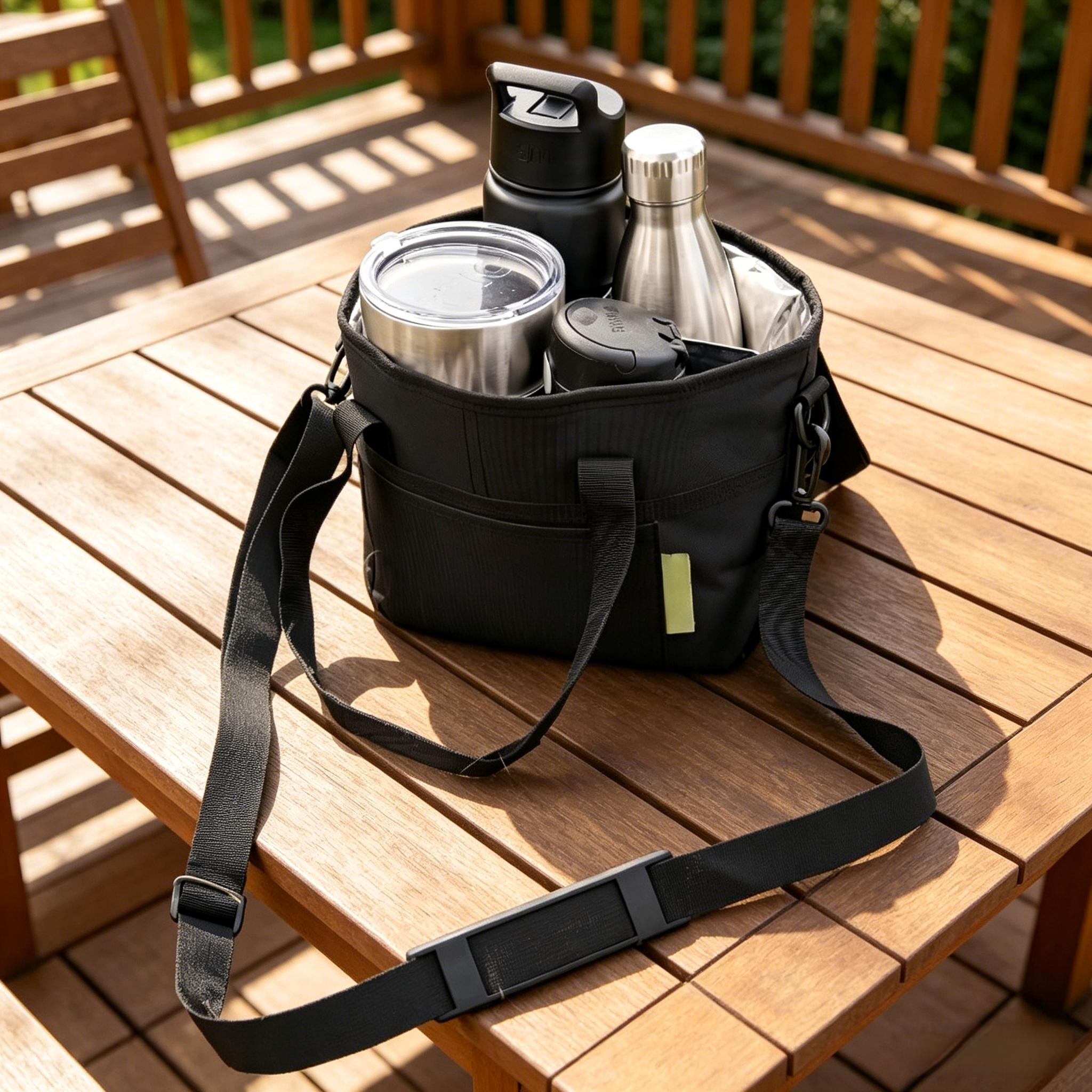 4 Compartment Insulated Drink Carrier Bag, Family Size Tumbler Caddy with Adjustable Strap, Reusable Drink Holder for Hiking, Camping, Sports & Family Outings, Blue/Black Available