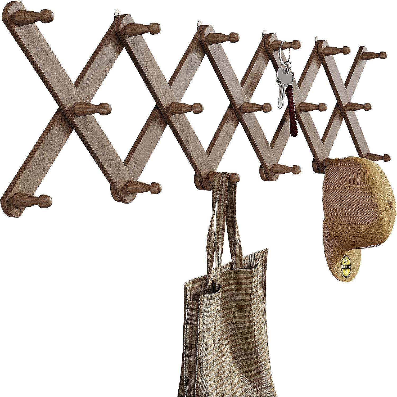 Accordion Wall Hanger with 14 Pegs, Expandable Wooden Coat & Hat Rack