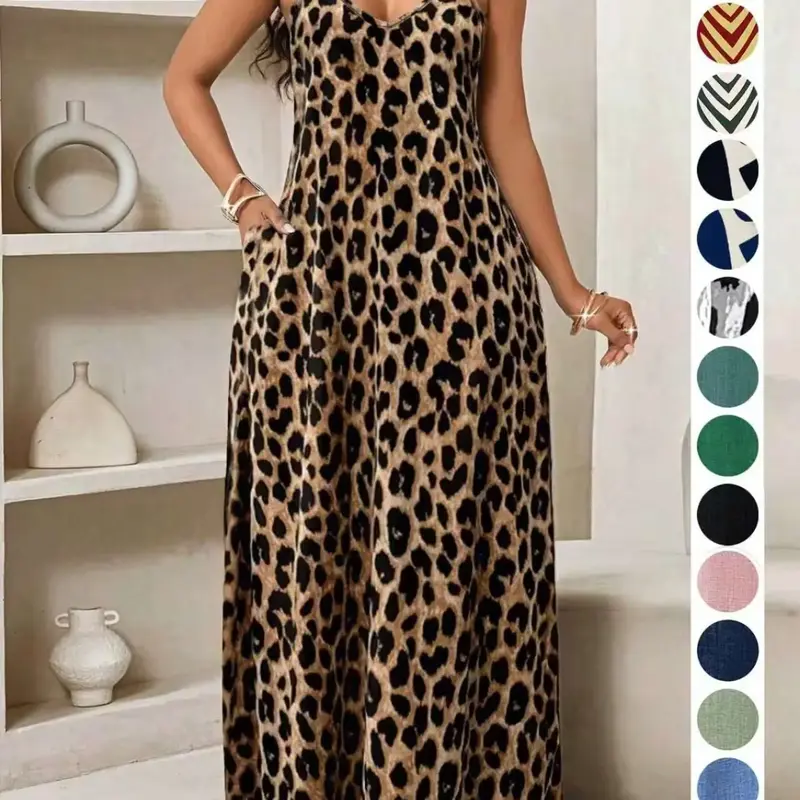 Summer Leopard Print Dress, Sleeveless Long Dress, Casual A-Line Dress with Pockets, Loose Fit, V-Neck, Beach & Travel Wear, Beach Style Dress
