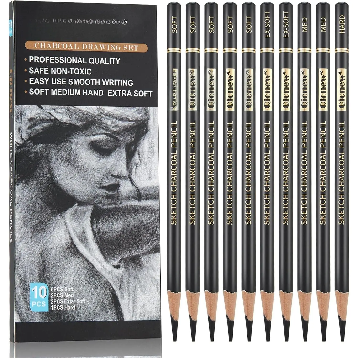 Professional Soft Medium and Hard Charcoal Pencils Drawing Set 10 count | Super Soft, Soft, Medium & Hard Charcoal Pencils for Drawing, Sketching, Shading, Beginners & Artists