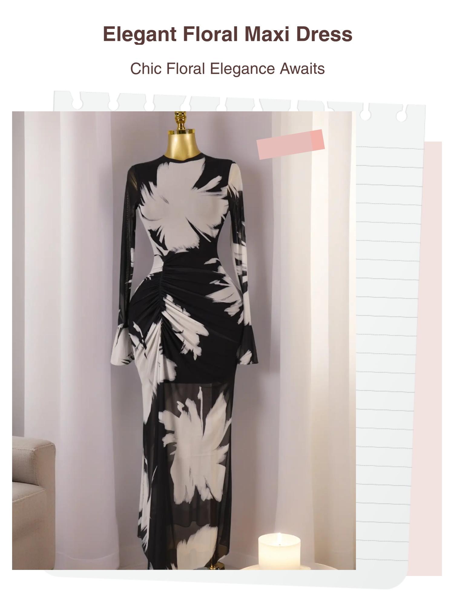 PULKRITU Elegant Women's All Over Print Long Sleeve Ruched Long Prom Dress, Fashion Evening Gown, Ladies Casual Dresses for Vacations and Parties, Female Brunch Dresses, Graduation Dress, Bodycon Dress, Cocktail Dress, Evening Party Gown