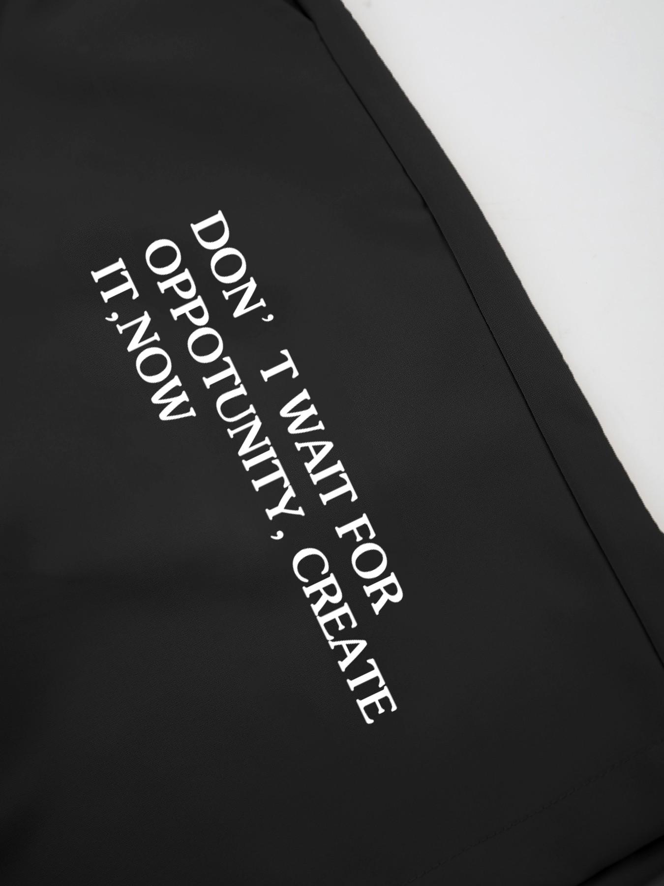 Men's Black Slogan Print 2-Piece Cozy Loungewear Set, Short-Sleeve Lapel Shirt with "DON'T WAIT FOR OPPORTUNITY" Graphic, Elastic Drawstring Waist Shorts, Breathable Fabric, Relaxed Minimalist Style, At-Home Lounging, Casual Evenings, Homewear