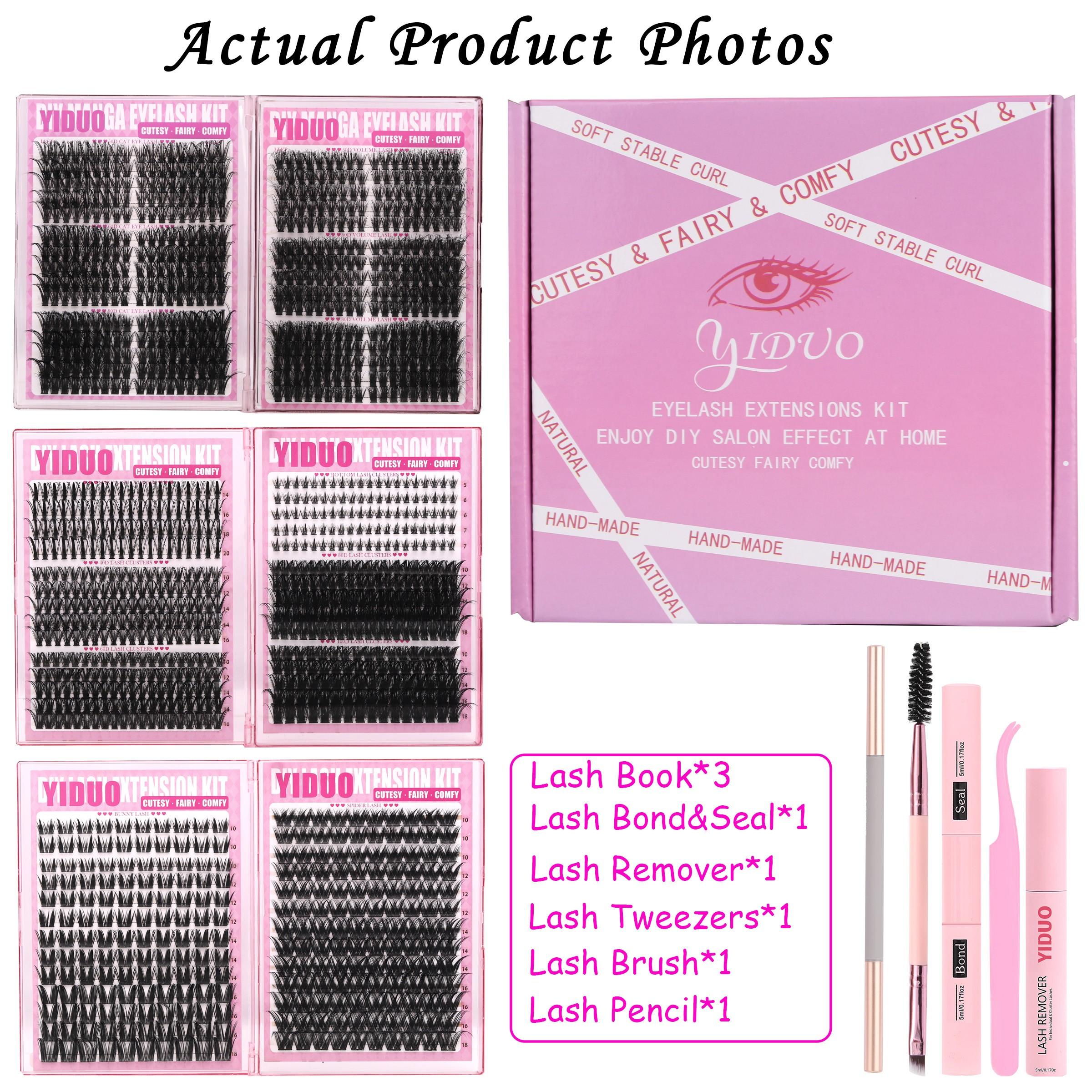 YIDUO 1110pcs DIY Lash Extension Kit, Complete Eyelash Clusters Set with Bond & Seal, Remover, Tweezers & Eyelash Brush, 10-18mm D Curl Manga, Cat Eye and Wispy Volume Lashes (50D, 60D, 80D, 100D) for Home Salon, Includes Lash Tools