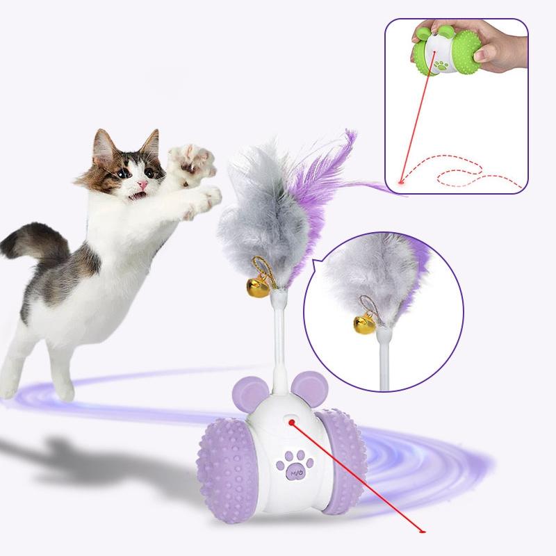 Smart Cat Toy with Laser & Feather, 360° Automatic Rotating, Random Motion & Bell, Interactive Play, Keep Cat Entertained & Active