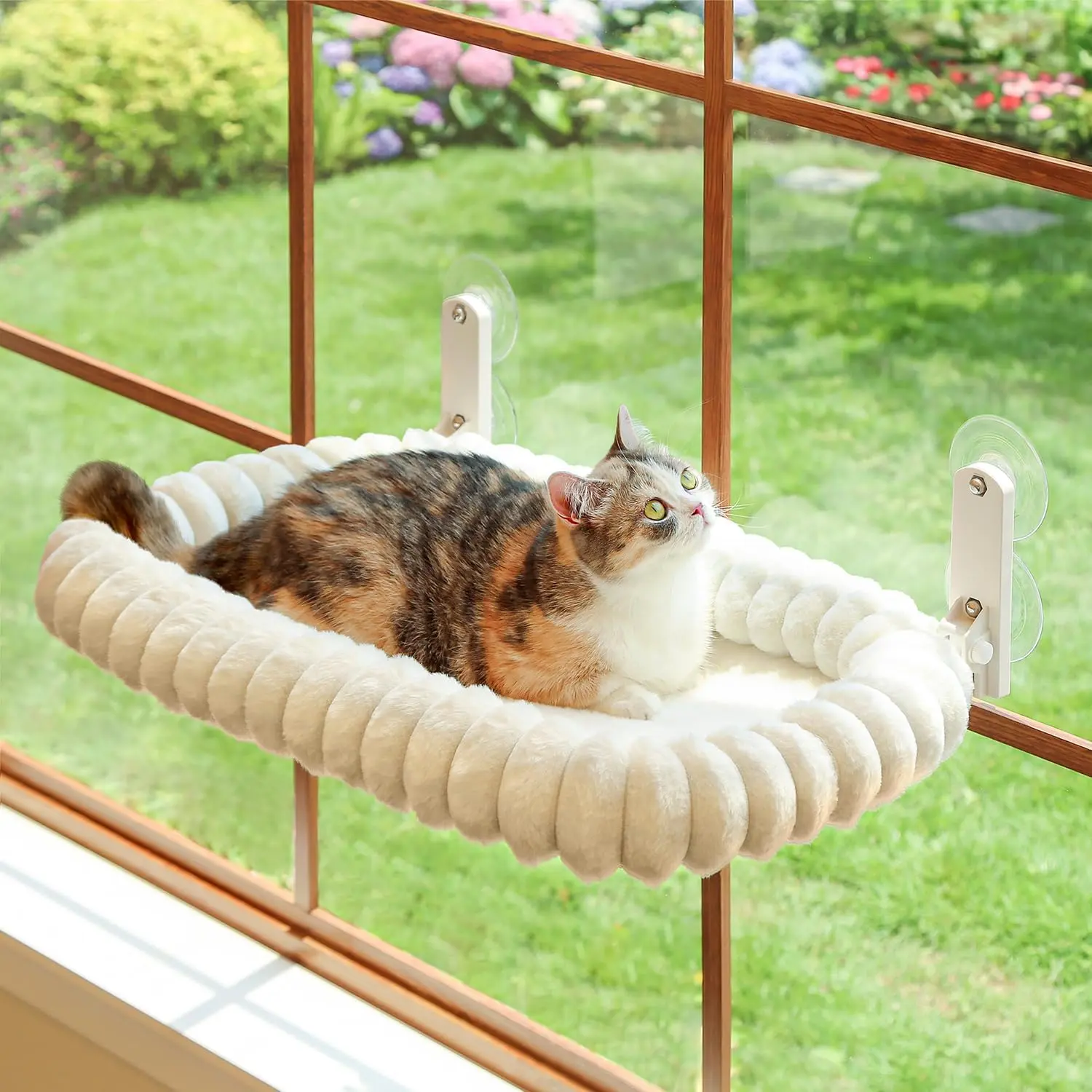 Foldable Cat Window Perch Hammock Bed, Curtain-Friendly Cordless Cat Window Seat, Metal Frame, Supports up to 40 Lbs, Ultra Soft Machine Washable Cover, Cream White, M Size, 22.8"W * 15.7"D