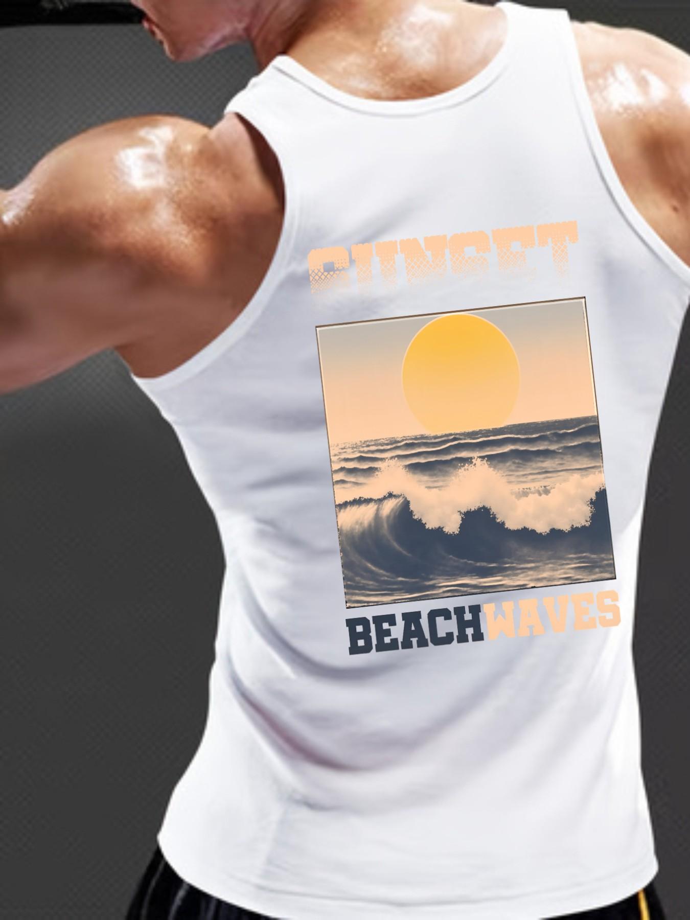 California Beach Sunset Wave Print Men's Tank Top, Quick-Dry Breathable Workout Vest, Casual Loose-Fit Short Sleeve Shirt