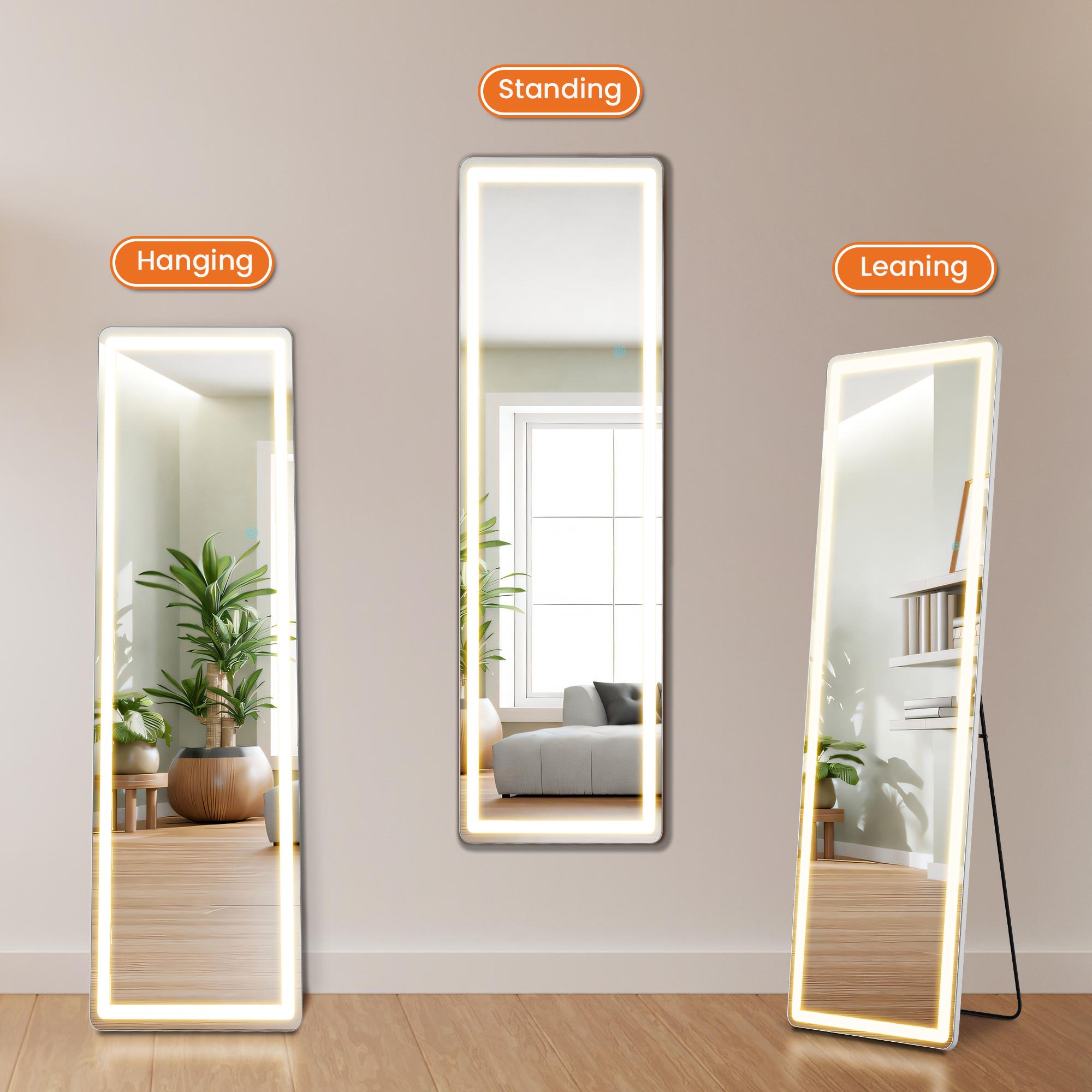 Full Length LED Vanity Mirror with Stand, Dimmable 3 Color Lighting, Wall Mount or Floor Use Aluminum Alloy Frame Durable Glass Mirror with Switch for Bedroom Living Room Decor Standing