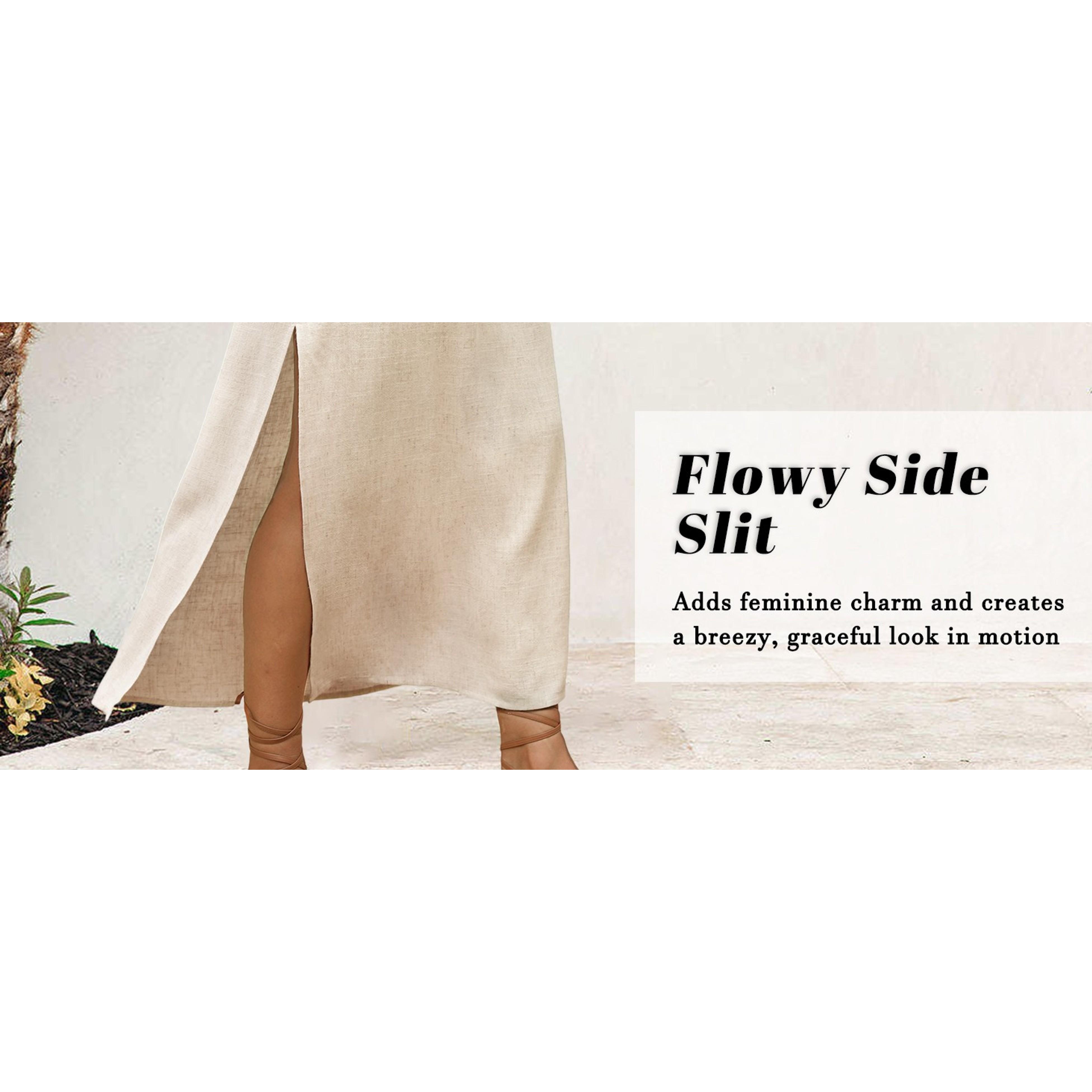 Linen Straight Maxi Skirt with Side Slit - Elastic Waist Drawstring Long Flowy Ankle-Length Skirt with Pockets(Gift)