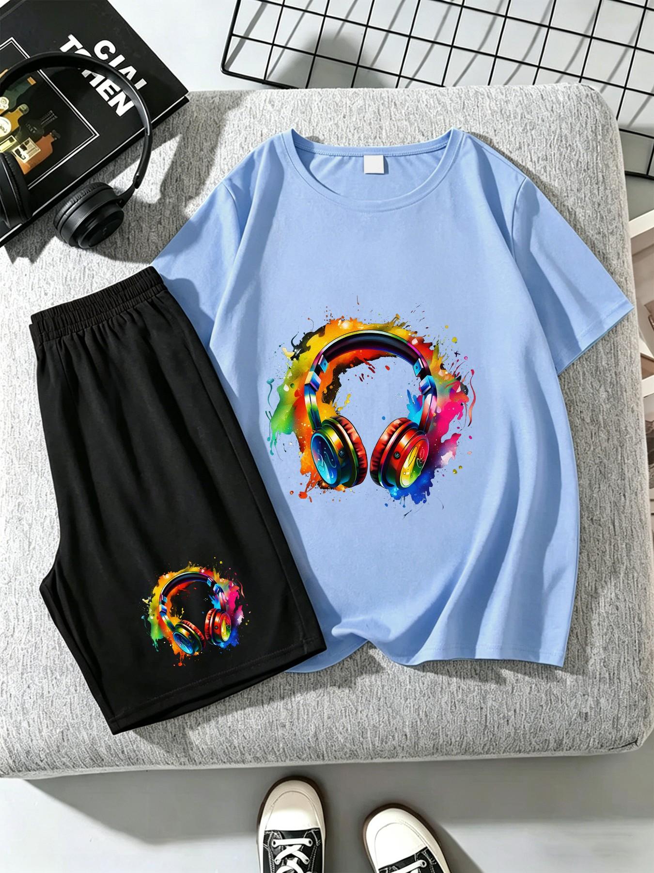 Boys Fashion Set, Creative Graffiti Earphone Print Short Sleeve and Shorts, Casual Loose-Fit, Comfortable Daily Wear, Kids Clothing