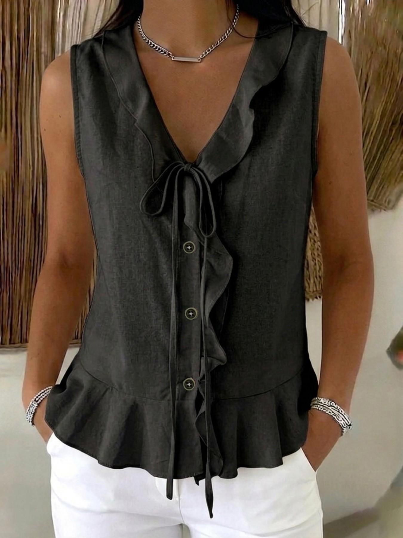 Women's V-Neck Ruffle Tie Sleeveless Top Aesthetic Casual Comfortable Daily Wear, 8 Colors Available