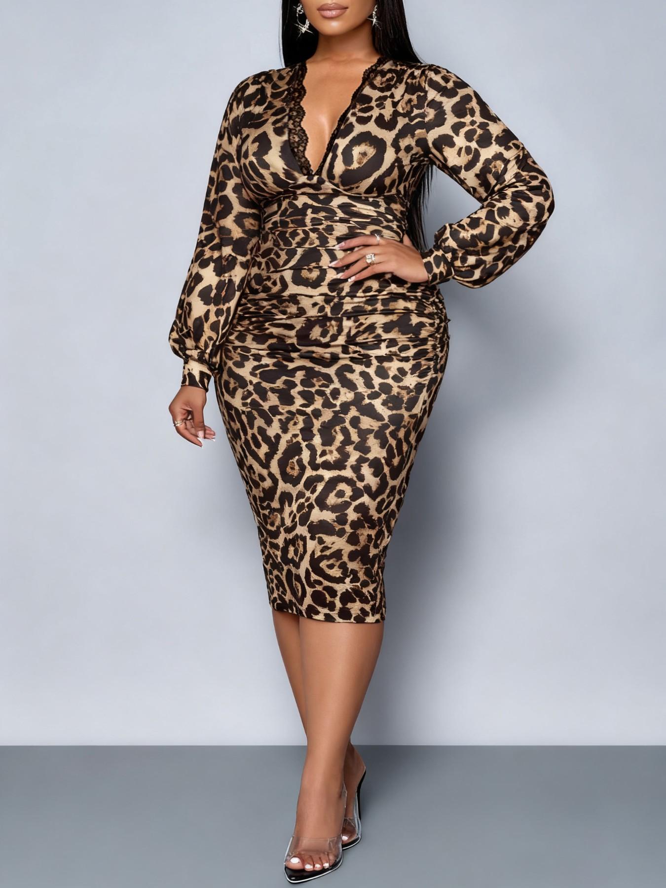 Elegant Leopard Print Bodycon Dress, Deep V Neck Lace Long Sleeve, High Waist Split Back Party Dress, Fall Fashion Women's Clothing