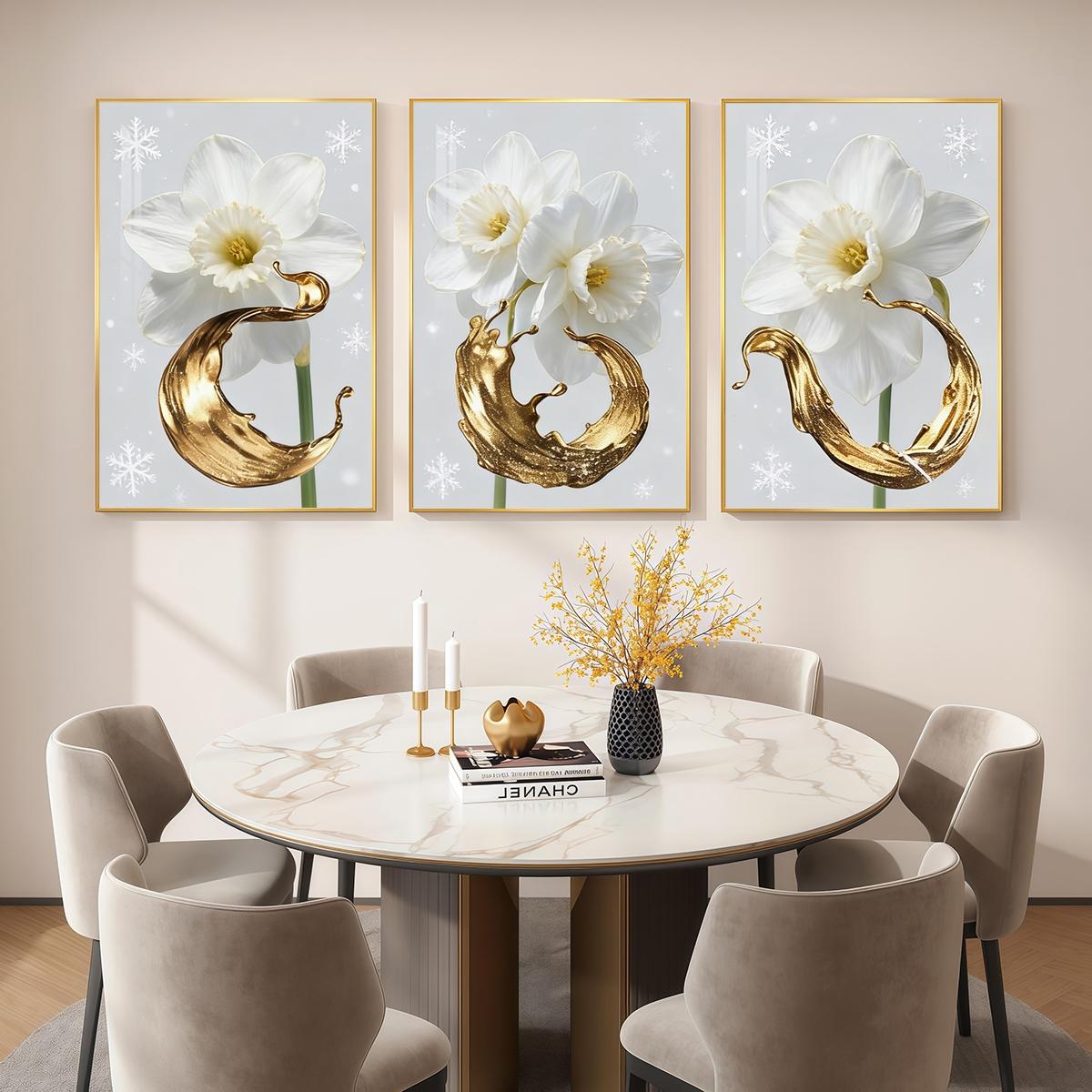3 Counts Aluminum Alloy Framed Painting, White Daffodil Gold Splash Art Pictures, Home Decoration For Living Room, Bedroom, Office, Restaurant, Hallway Wall Decor, Odorless Print Artwork, Luxury Perfect Gift For Friends And Family