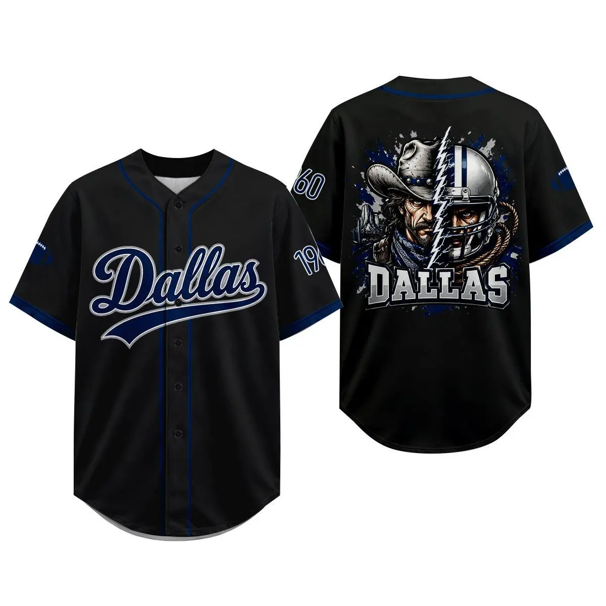Dallas Football Baseball Jersey Shirt Unisex Button Down Short Sleeve, Black Blue Game Day Fan Top with Front Script & Back Graphic Print, Lightweight Streetwear for Men Women, Tailgate Outfit, Sports Lover Gift, Summer Fall Casual Wear Tee for Fans