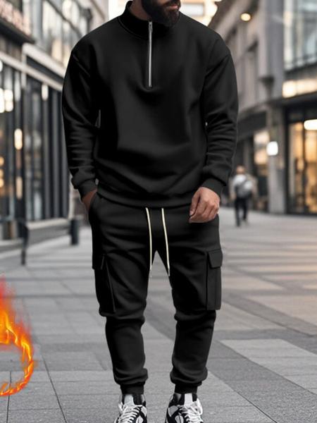 Men's Fleece Tracksuit Set - Half - Zip Mock Neck Top, Cargo Joggers, Ribbed Trim, Athletic Fit. Designed for All - Day Warmth in Winter & Casual Settings, Suitable for Outdoor Workouts, Urban Commutes & Lazy Sundays. A Must - Have for Modern Men Seeking