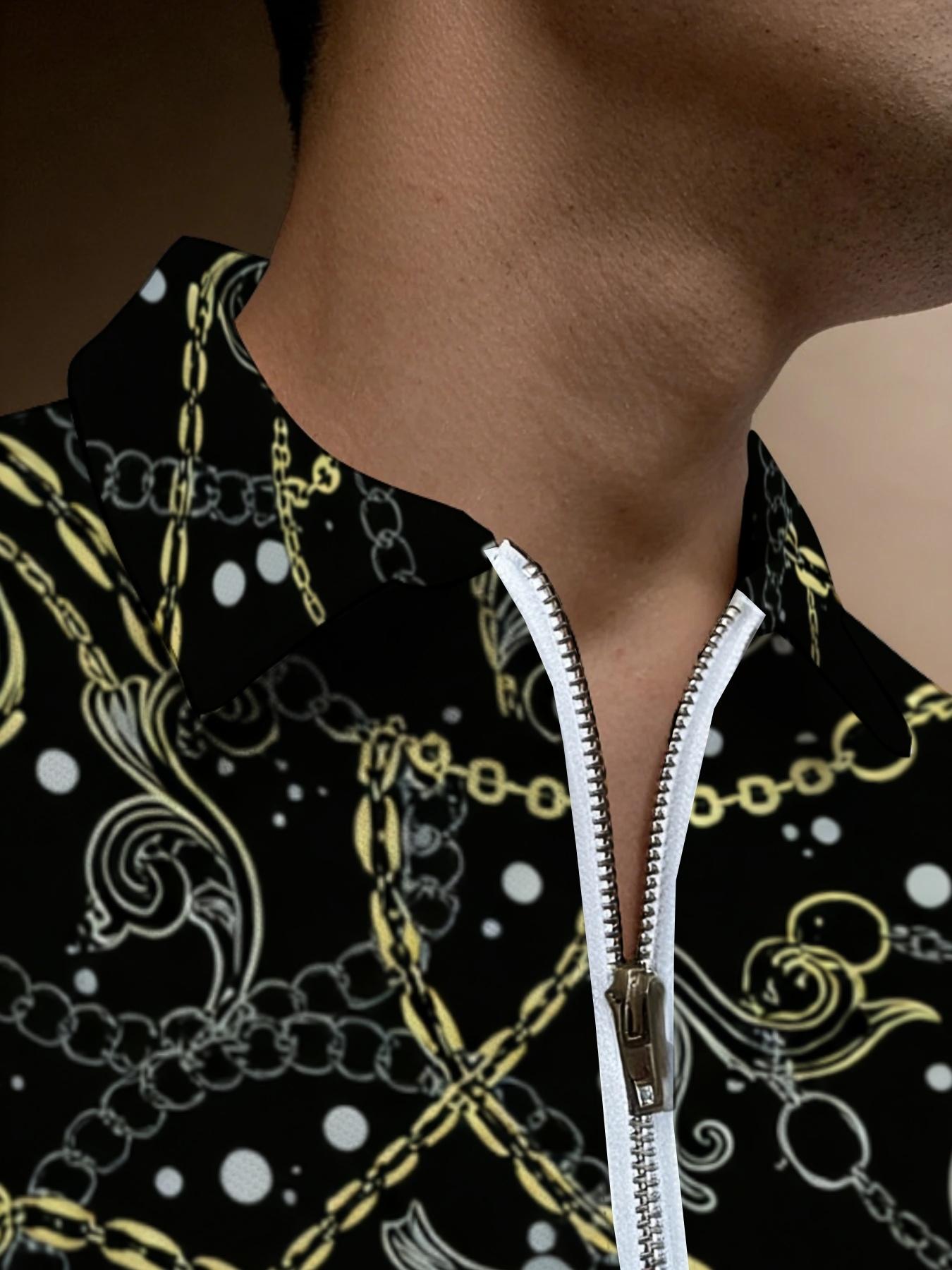 Men's Black Short Sleeve Zip Polo Shirt Gold Chain Pattern Print Fashion Casual Top