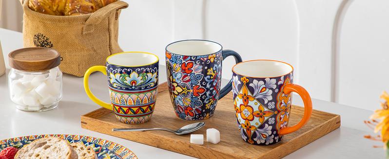 vancasso Simi 16 Oz/12 Oz Multicolor Porcelain Cups for Latte, Hot Tea, Cappuccino, Cocoa, Soup, Dishwasher, Microwave Safe, Set of 6 Ceramic Drinkware Stylish Drinkware Coffee