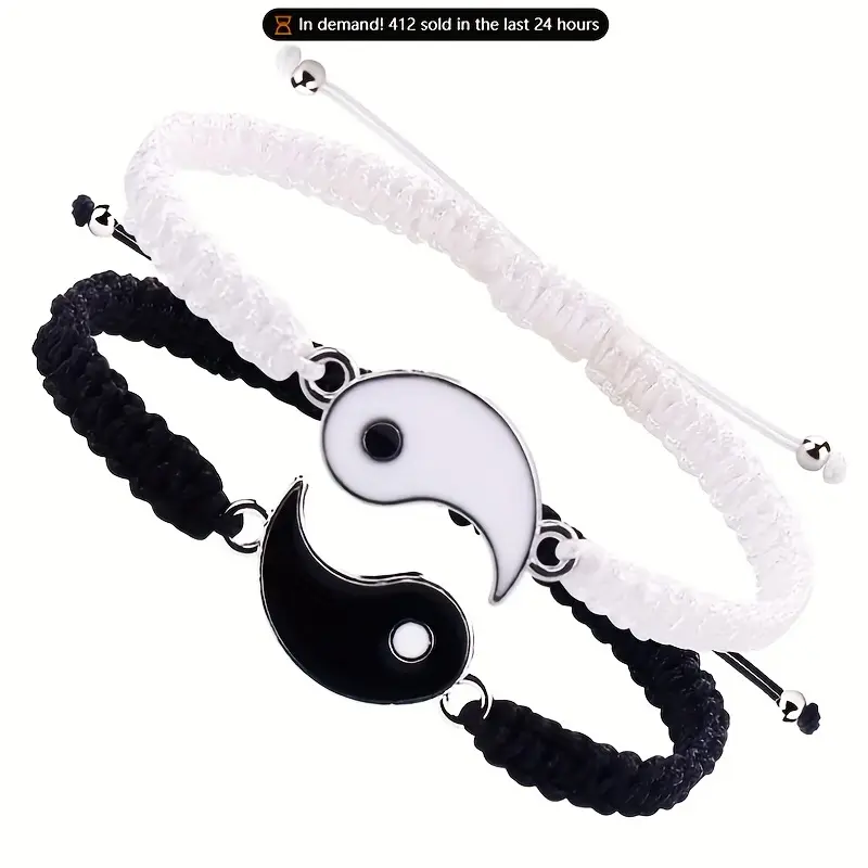 2Pcs Yin Yang Bracelets for Couples & Best Friends, Adjustable Braided Cord Friendship Bracelets, Matching His and Hers Jewelry, Alloy Yin Yang Charm Bracelet Set, Valentine’s Day Anniversary Gift