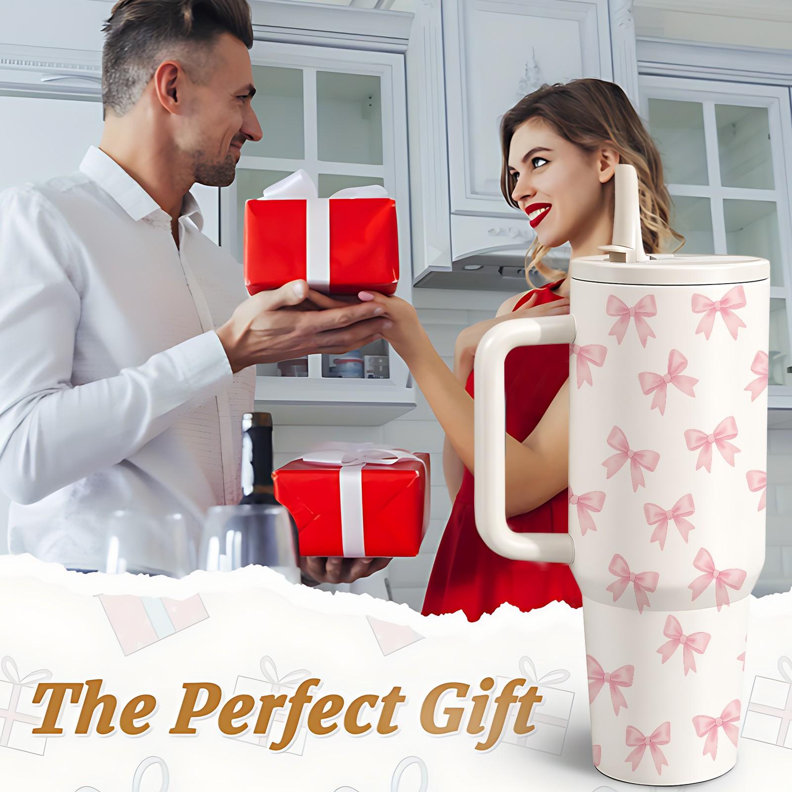 1 Pc 40 Oz Stainless Steel Water Cup with Handle and Folding Straw, Cute Pink Ribbon Bow Pattern Design, Double Wall Insulated Thermal Mug, Hot 12H / Cold 24H, Fun Drinkware, Easter Mother’s Day Birthday Holiday Gift for Friends.