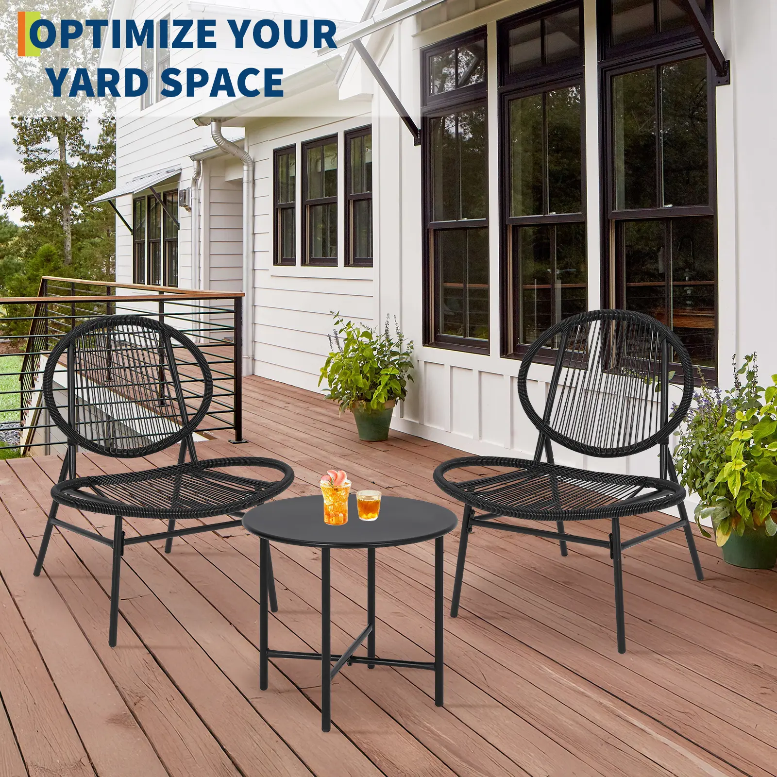 3-Piece Black Acapulco Outdoor Bistro Set, All-Weather Woven Rattan Chairs with Soft Padded Cushions & Heavy-Duty, Tempered Glass Side Table, Compact Waterproof Patio ConversCompact Pation Furniture, Ideal for Garden, Balcony, Backyard & Porch