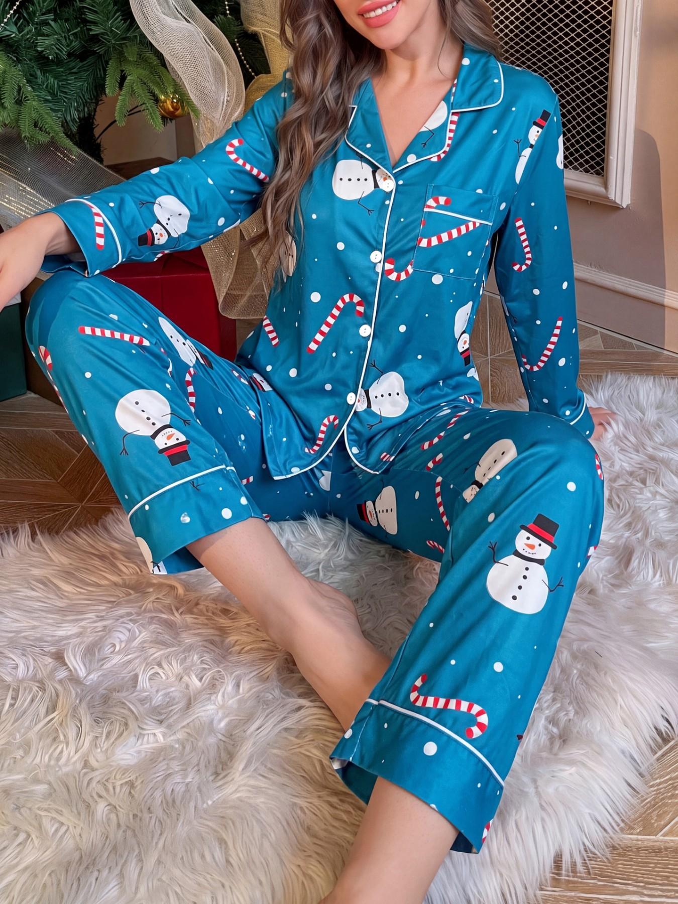 Women's Christmas Pajama Set, Casual Loose-Fit Long Sleeve Top & Pants, Fashionable Collared Home Wear, Fall & Winter Sleepwear