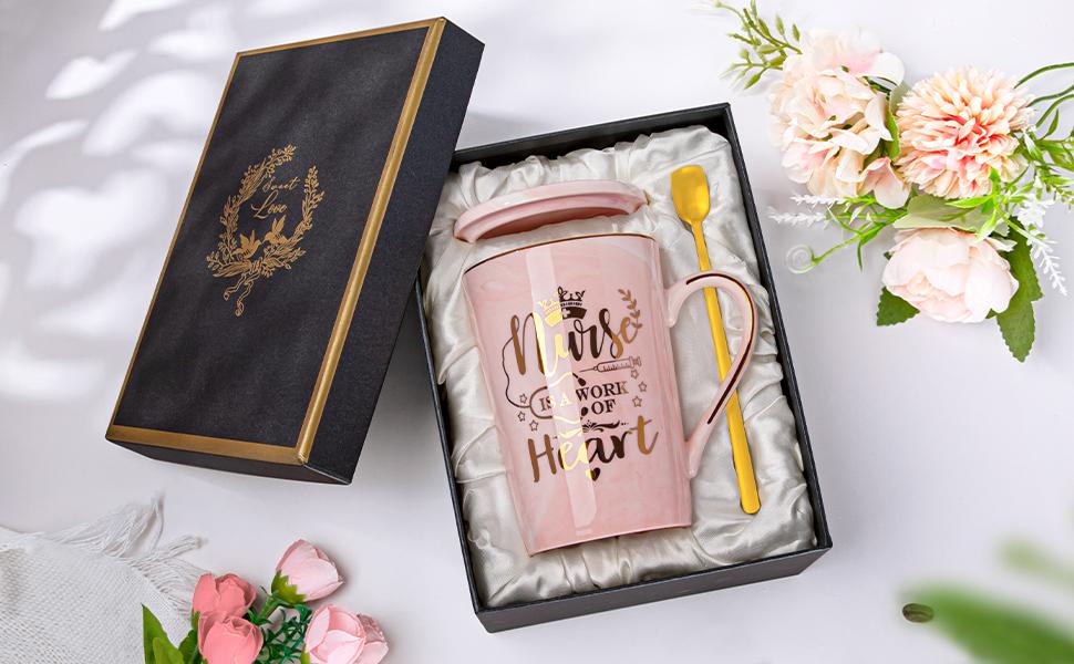 Biching Best Nurse Gifts for Women, Nurses' Day Gift, Nurse is a Work of Heart - 14oz Gold Printed Pink Ceramic Coffee Mug, Birthday Thank You Gift Present for Nursing School Student Graduation Nurses Day, Gift Boxed