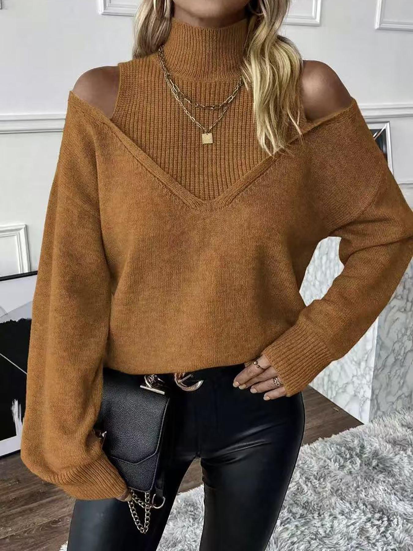 Autumn Winter New Pure Color Loose Simple Fashion Knit Off-Shoulder Long Sleeve High Neck Sweater, Soft Comfortable Elegant Casual Top Womenswear