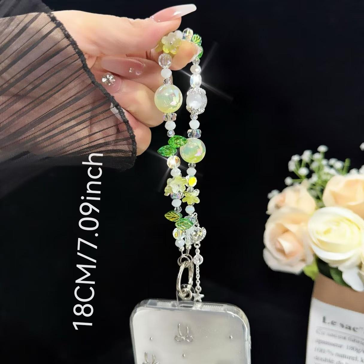 European Style Crystal Phone Charm, Blue Flower Leaf Pearl Silver Star Pendant, Anti-Loss Phone Chain, Fits Phone Case, Ccd Camera Bag Strap
