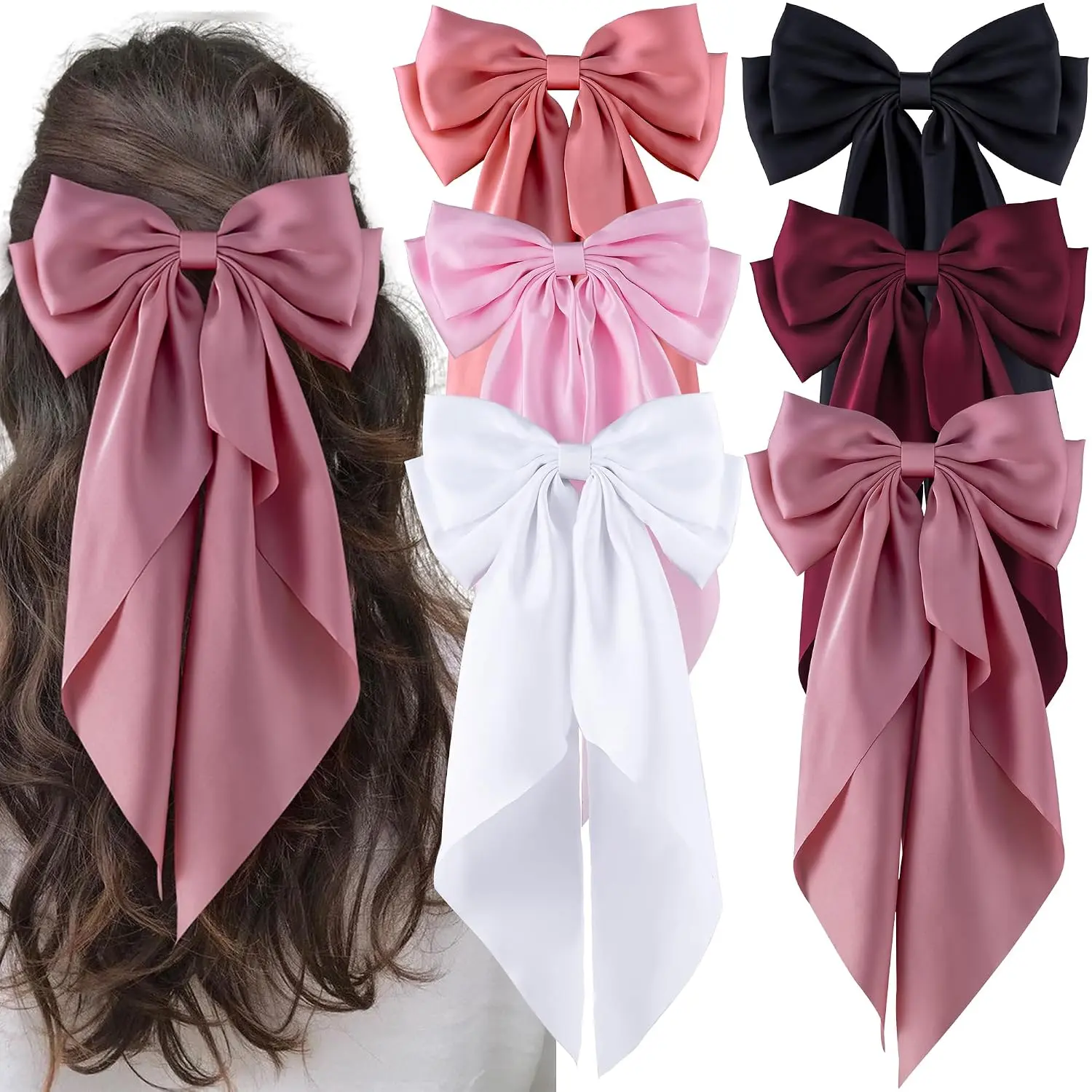 6 count Large Bows Hair Clips for Women Girls Long Tail Hair Ribbon Silky Satin Barrettes  Bows Accessories (Black//Red/White)
