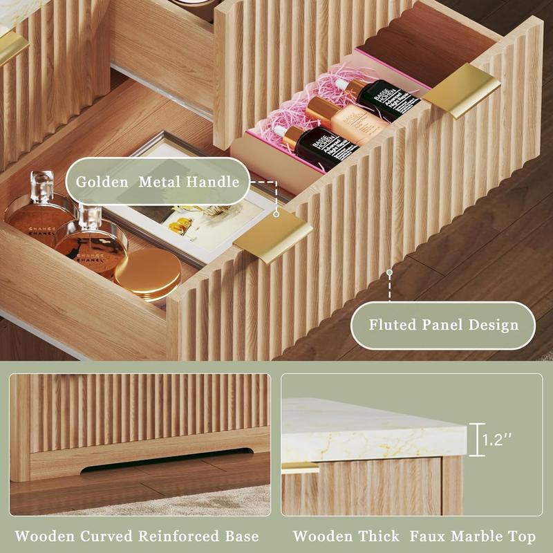 Fluted Dresser for Bedroom with 7 Drawers, 53'' Modern Dressers with Faux Marble Top, Mid Century Chests of Drawers with Gold Handle & Curved Profile, Natural Wood TV Dresser for Bedroom, Living Room