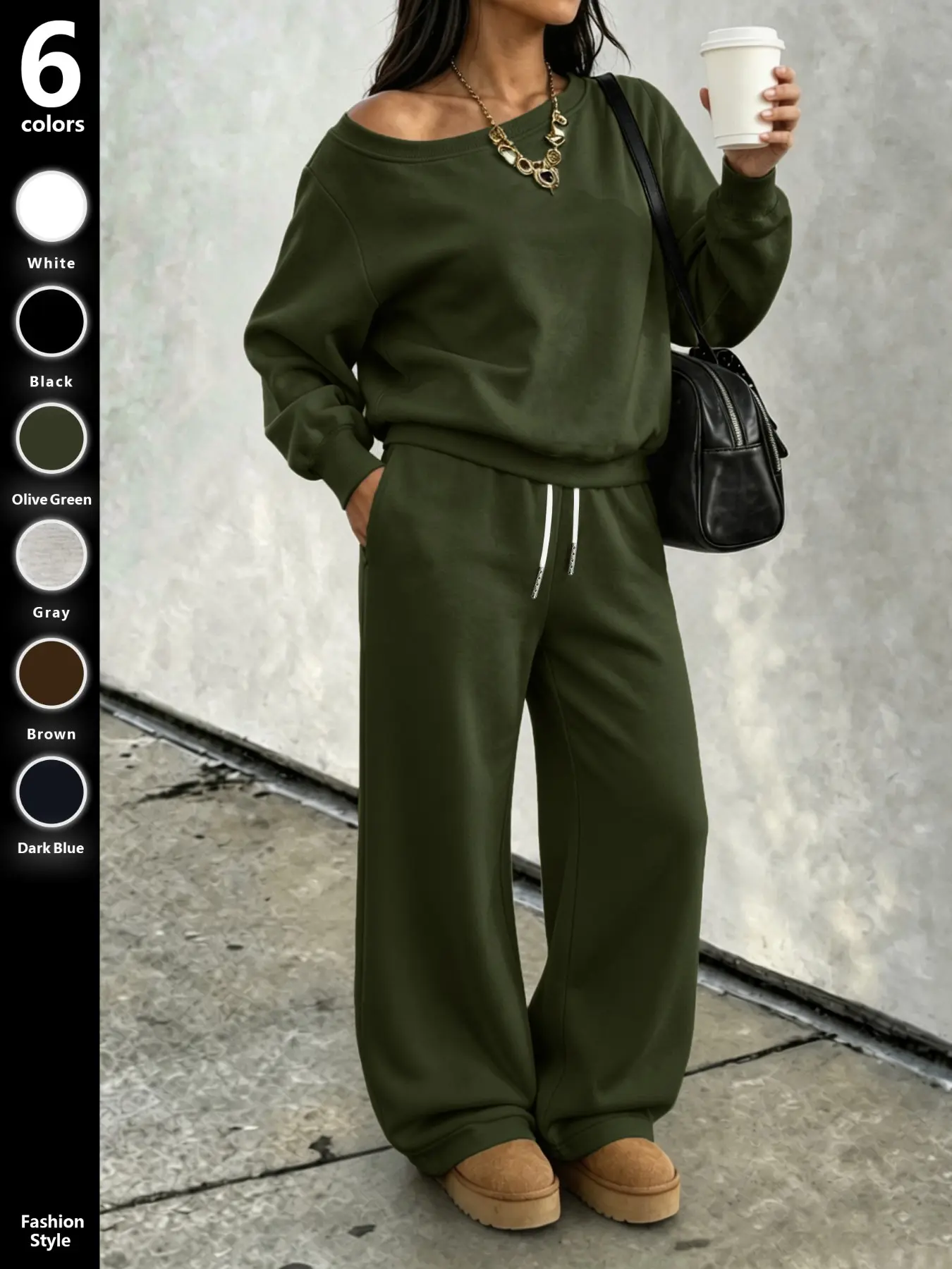 Women's Two-Piece Set, Fall, Asymmetrical Sweatshirt and Wide-Leg Pants, Soft Knit Fabric, Casual Daily Wear, Multiple Colors Available