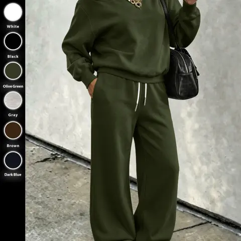 Women's Two-Piece Set, Fall, Asymmetrical Sweatshirt and Wide-Leg Pants, Soft Knit Fabric, Casual Daily Wear, Multiple Colors Available